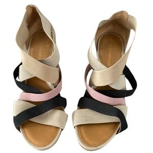 Tignanello Stacked Heels Strappy Office Dressy Black Tan Lavender Shoe Sz 9.5